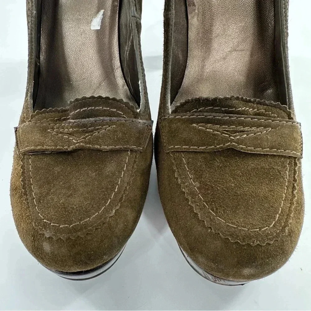 Stuart Weitzman heels size 11 olive green suede penny loafers chunky platforms